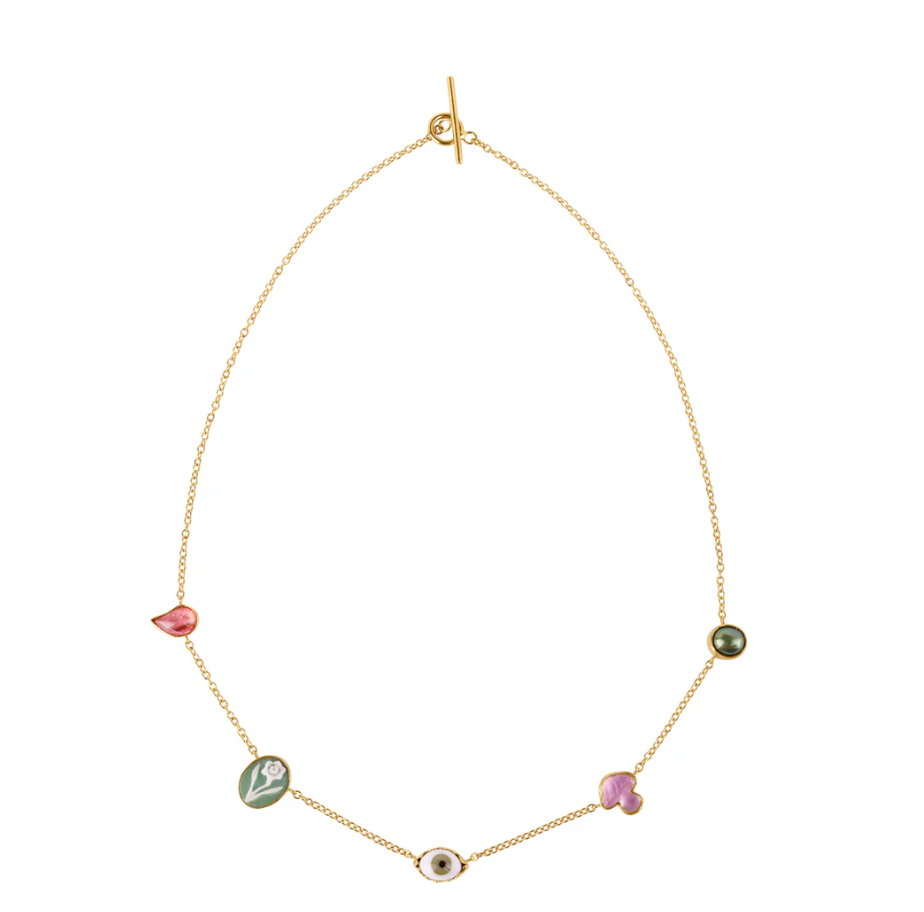 GRAINNE MORTON Green & Pink Five Mini Charm Necklace