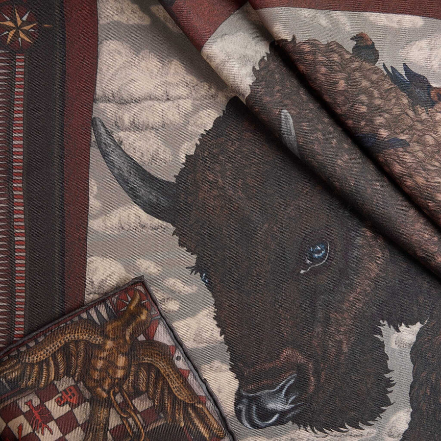 SABINA SAVAGE Secrets of the Bison Large Silk Scarf Sanguine Silver