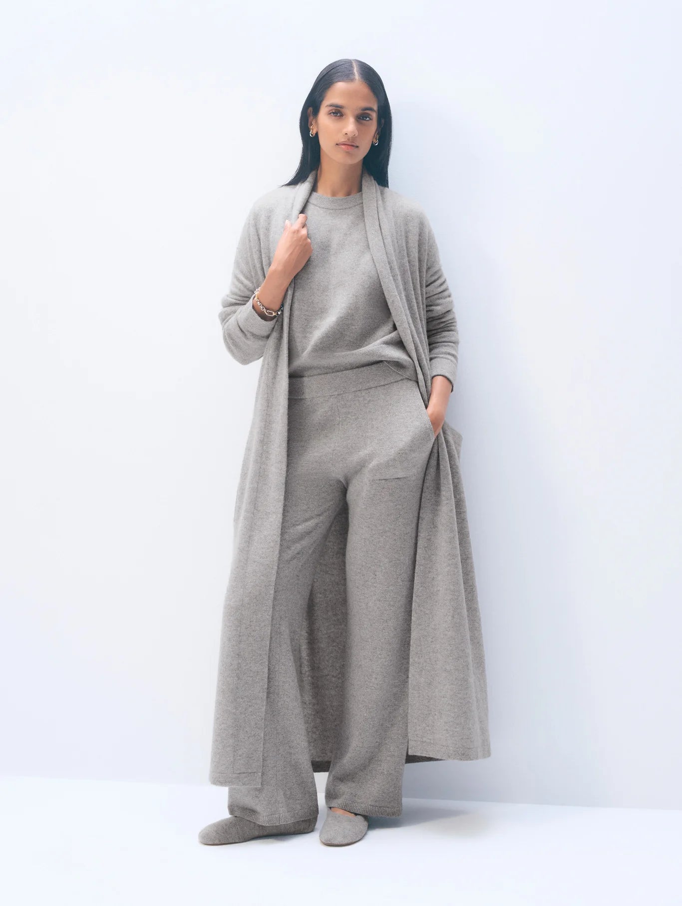 WHITE & WARREN Grey Heather Cashmere Long Robe