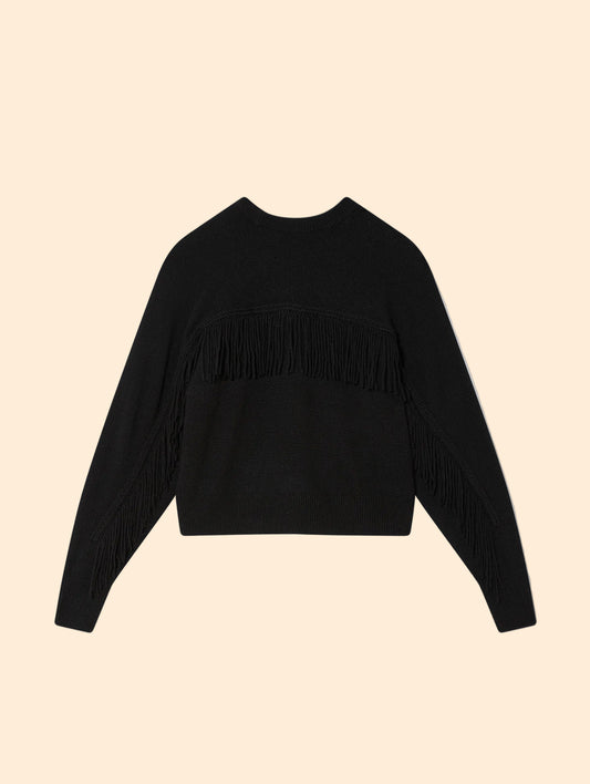 WHITE & WARREN Cashmere Blend Luxe Fringe Crew Black