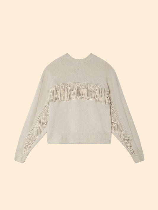 WHITE & WARREN Cashmere Blend Luxe Fringe Crew Ivory