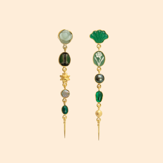 GRAINNE MORTON Green Five Charm Victorian Drop Earrings