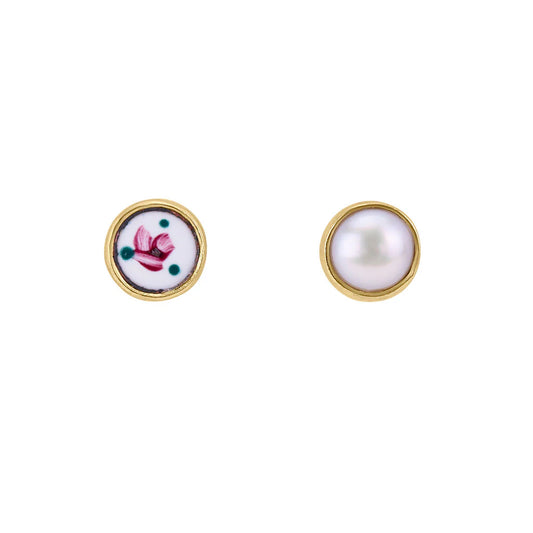 GRAINNE MORTON Painted Flower & Pearl Mismatched Stud Earrings