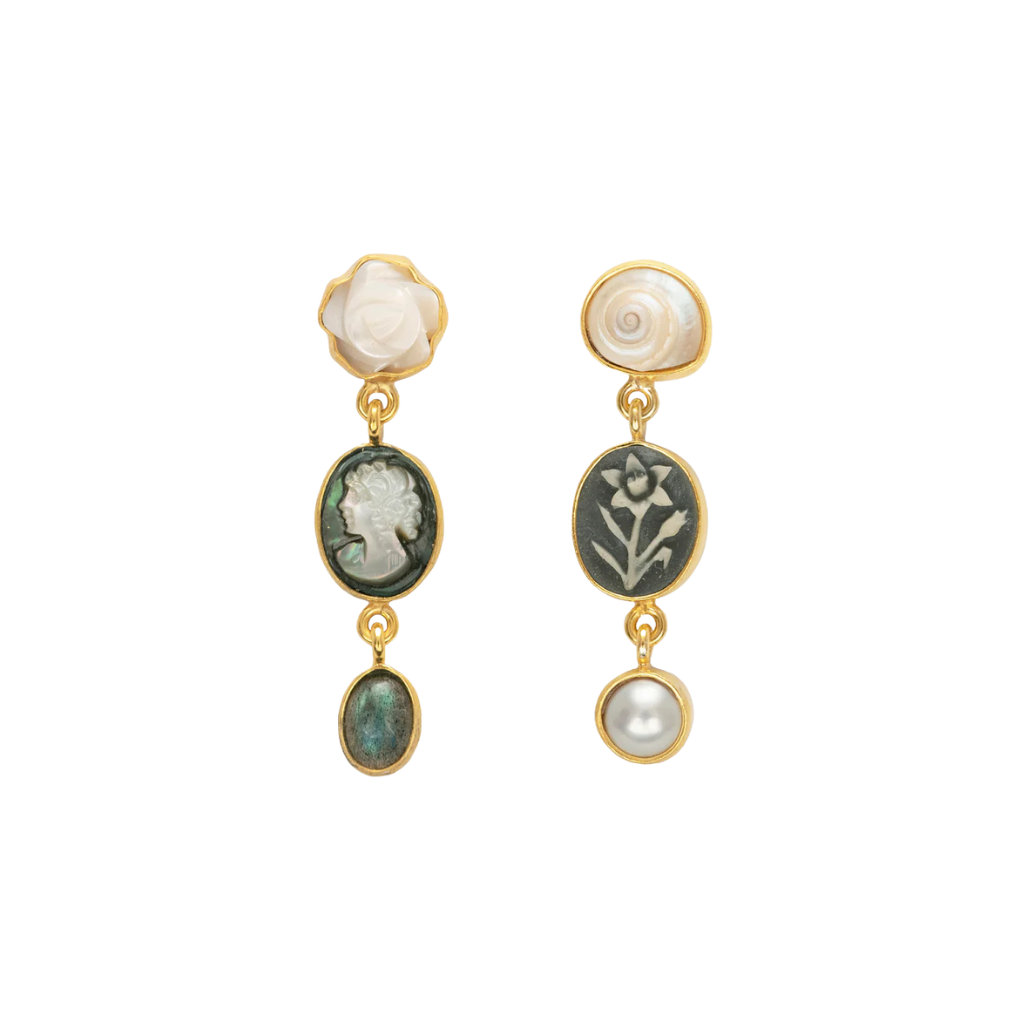 GRAINNE MORTON Green & Ivory Three Charm Moving Drop Earrings