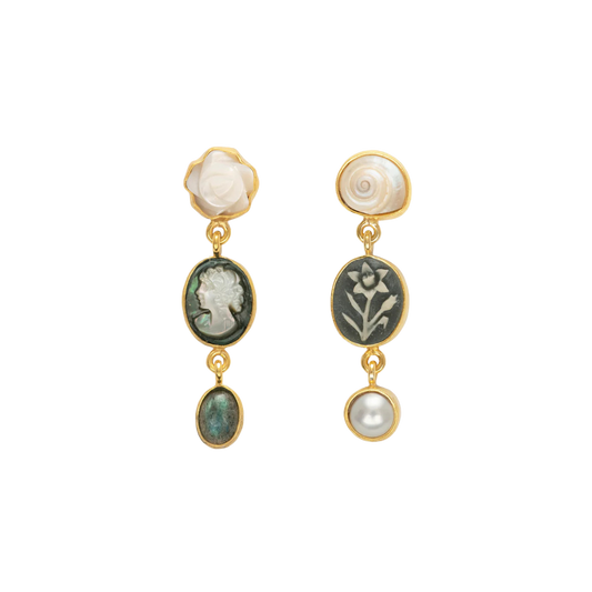 GRAINNE MORTON Green & Ivory Three Charm Moving Drop Earrings