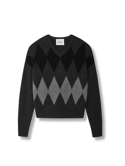 WHITE & WARREN Cashmere Argyle Oversized V Neck