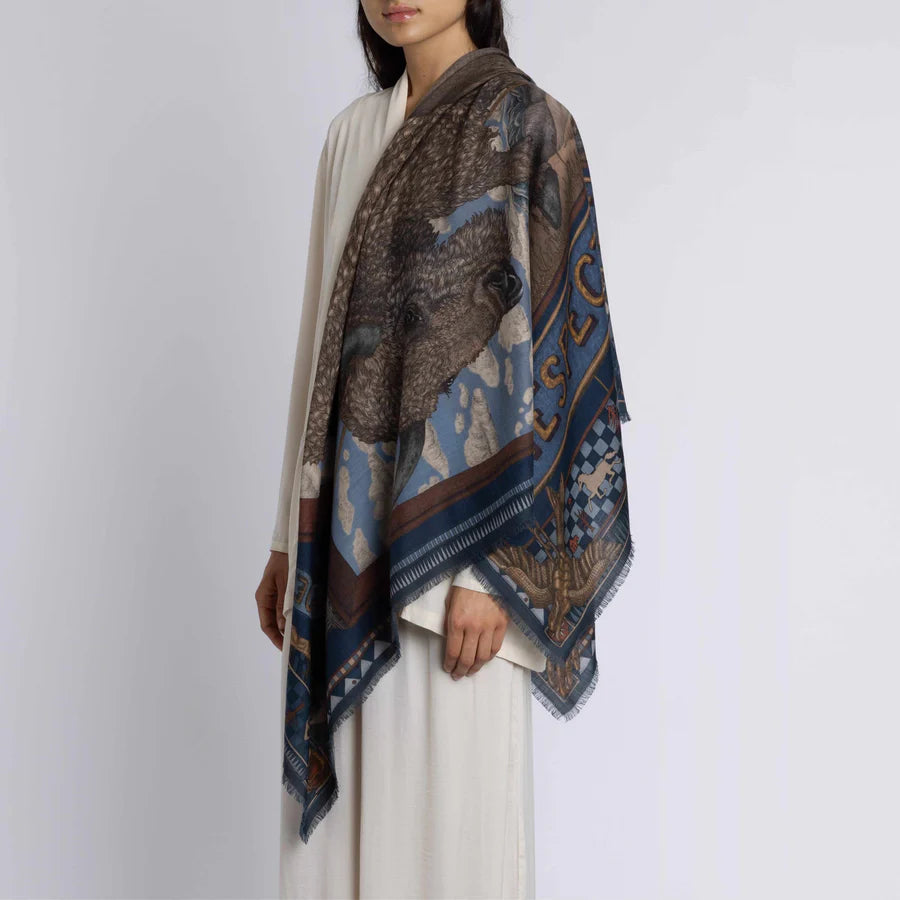 SABINA SAVAGE Secrets of the Bison Large Silk Scarf Chambray Stone
