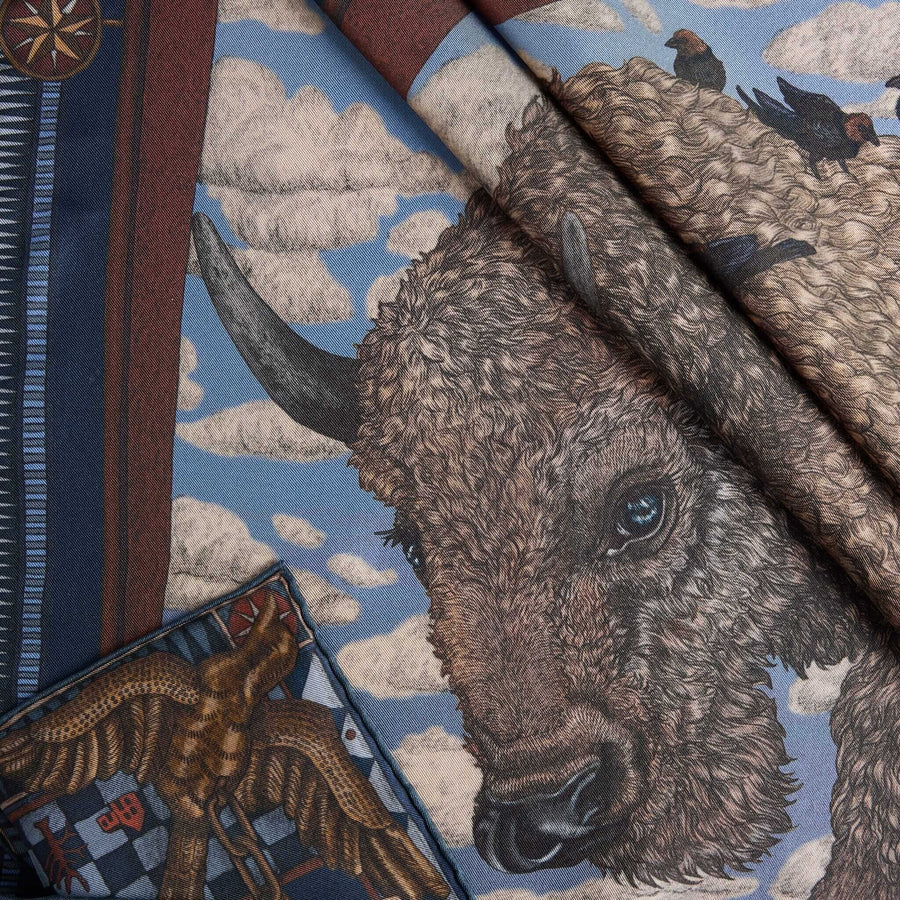 SABINA SAVAGE Secrets of the Bison Large Silk Scarf Chambray Stone